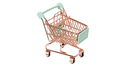 Isolated miniature rose gold shopping cart with green handle and details, empty tiny trolley © Francisco