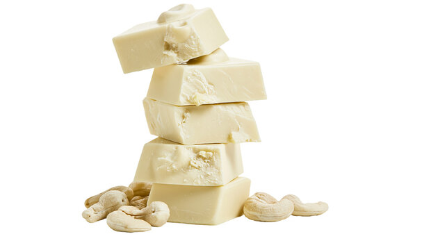 Isolated delicious creamy white chocolate pieces stacked on top of each other with raw cashew nuts