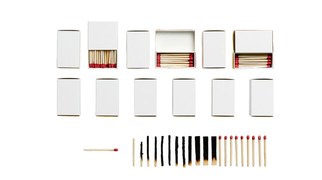 Isolated matches and matchboxes arranged to illustrate combustion progression and use