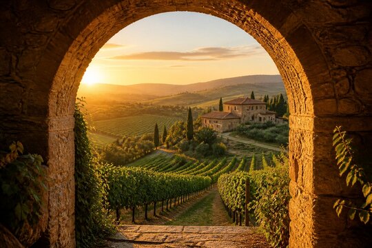 Stone arch framing vineyard rows and farmhouse at sunset