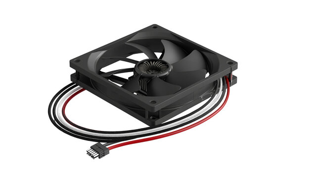 Isolated black computer cooling fan with bundled red, black, and white wires and 4-pin connector