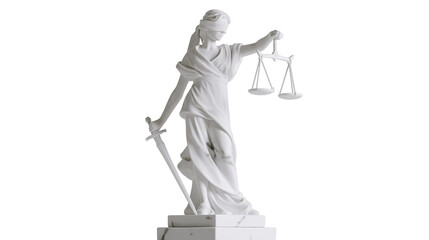 Isolated blindfolded Lady Justice statue holding scales and sword, symbol of law and fairness © Francisco