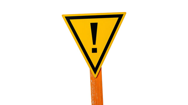 Isolated triangular yellow warning sign with an exclamation mark on a wooden stick