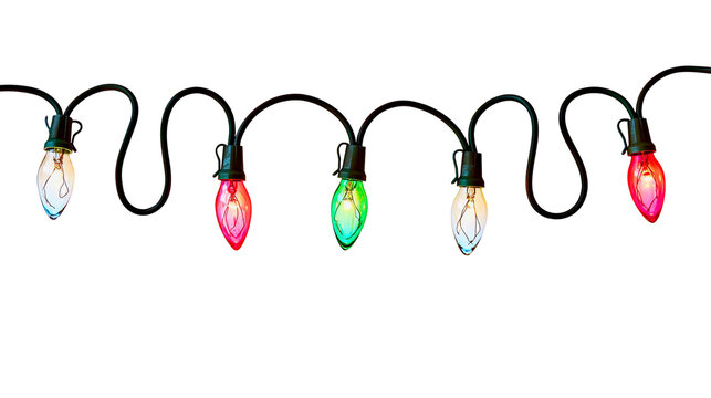 Isolated vintage Christmas string lights with clear, red, and green bulbs hanging decoratively.