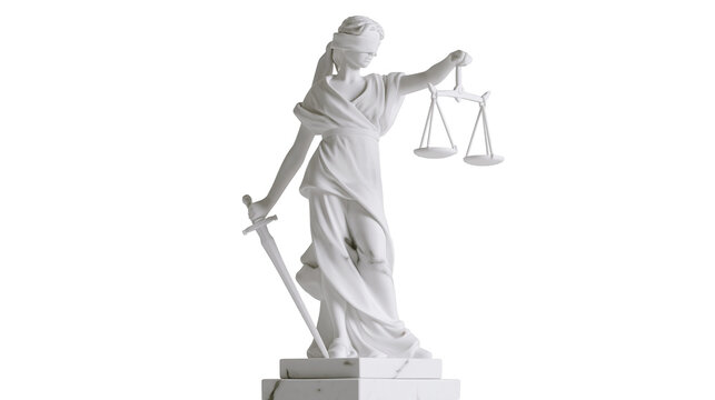 Isolated blindfolded Lady Justice statue holding scales and sword, symbol of law and fairness