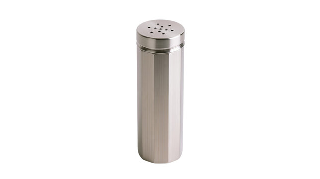 Isolated brushed stainless steel salt and pepper shaker with faceted body and perforated top