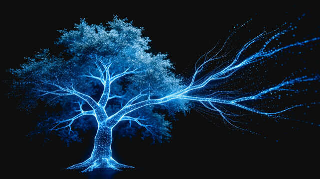 A luminous 3D digital tree with glowing blue energy branches extending outward against a dark black background.