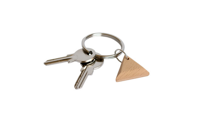 Isolated shiny metallic keys and silver keyring with natural wooden triangle keychain.