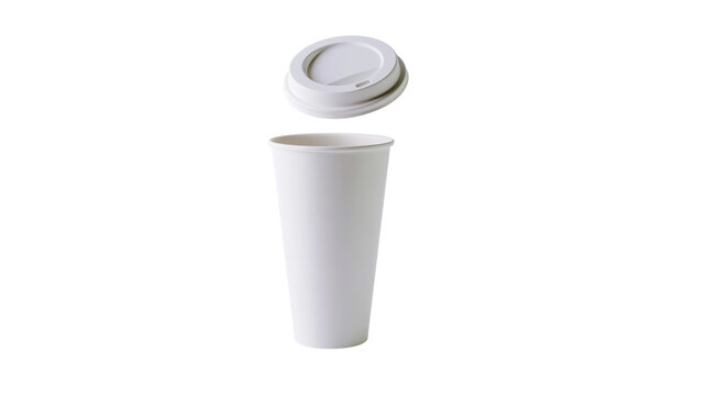 Isolated disposable white coffee cup with plastic lid floating above it for hot drinks