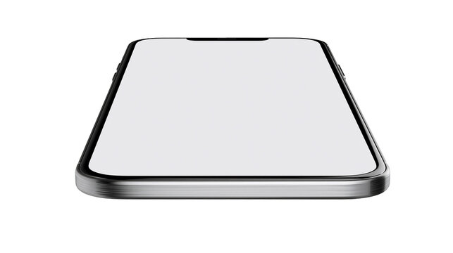 Isolated modern smartphone device with blank screen mockup in perspective view