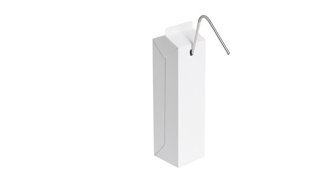 Isolated white blank cardboard carton juice box with a flexible drinking straw, mock up