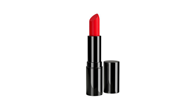 Isolated red lipstick in black container with separate cap for makeup and beauty products