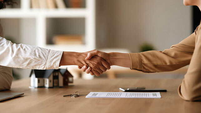 Two business professionals finalizing a property deal across an office desk, shaking hands beside house models, keys and signed contract, real estate negotiation, property