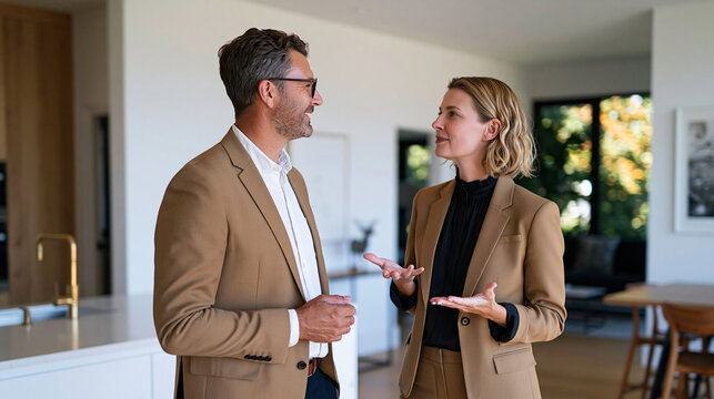 Male client and female realtor discussing a potential home purchase inside a modern property, relocation planning, investment goals, moving house, home buying, property