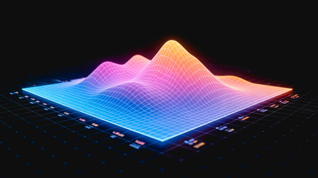 A 3D glowing data visualization chart with peaks, grid lines, and gradient colors on a dark background.