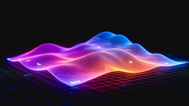 A 3D neon holographic waveform visualization of data or signal over a grid interface, with smooth glowing curves in vibrant colors.