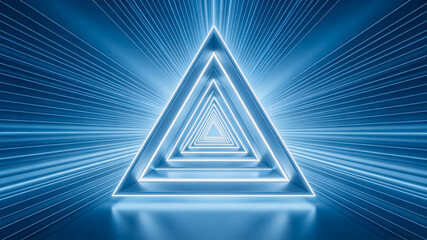 Fototapeta premium A 3D rendered futuristic tunnel of glowing neon triangles extending into a deep digital space, with radiating light lines creating a sense of infinite depth.