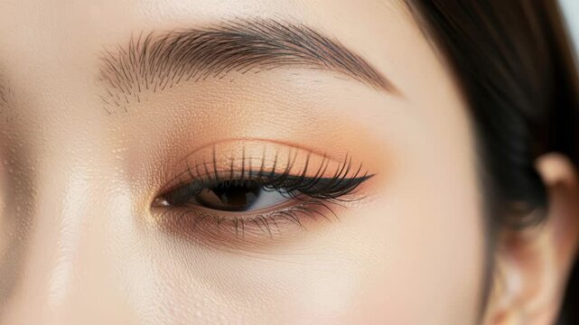 Close-up Eye Makeup: A detailed macro shot of a woman's eye, showcasing flawless makeup artistry with perfectly applied eyeliner and eyeshadow, emphasizing lashes and natural beauty.