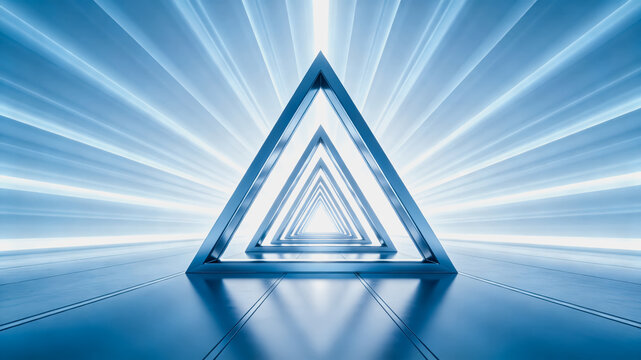A 3D rendered abstract scene of recursive metallic triangular frames forming a tunnel with radiant light in a blue space.