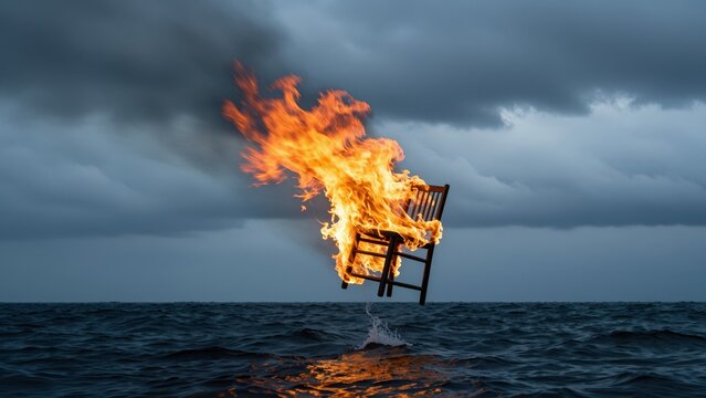 Chair on fire in the ocean with stormy dark clouds overhead, symbolizing danger, destruction, and environmental issues in a dramatic seascape scene