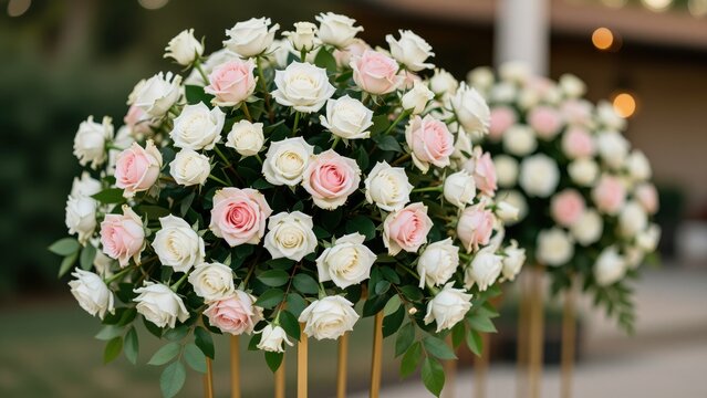 Elegant floral arrangement featuring pink and white roses in a round bouquet for special occasions and decorative displays