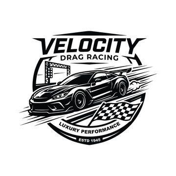 Velocity drag racing vintage badge with sports car, luxury performance auto vector emblem