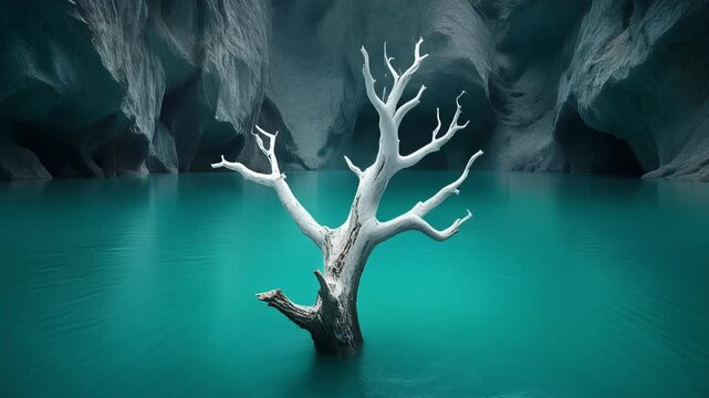 Surreal acidic water springs with a dead tree in a mystical cave