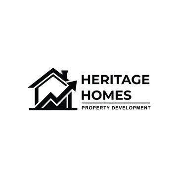 Heritage homes property development logo, real estate house with upward growth arrow vector