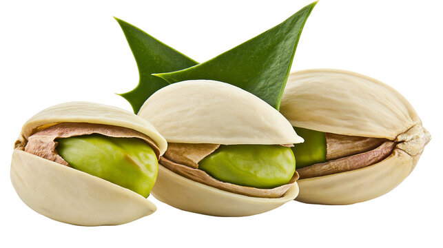 Isolated ripe pistachios with vibrant green nuts and fresh leaves, healthy organic snack food