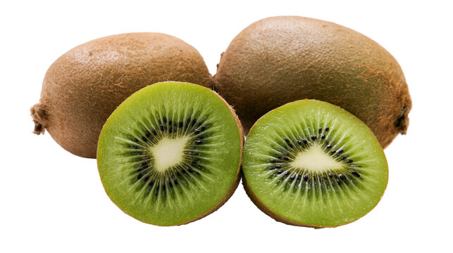 Isolated fresh whole and two halved kiwi fruit showing vibrant green pulp and black seeds