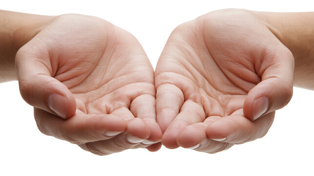 Isolated pair of human hands cupped together palms up in a gesture of giving or receiving