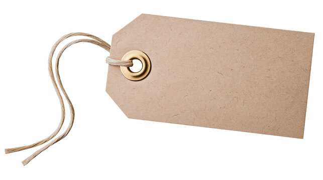 Isolated blank natural brown kraft paper tag with twine string and brass eyelet