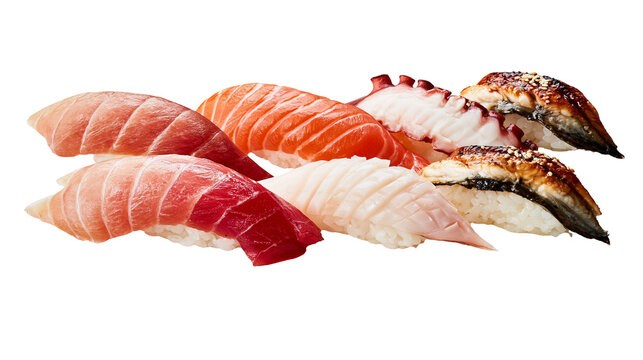 Isolated fresh nigiri sushi assortment with tuna, salmon, octopus, and grilled eel