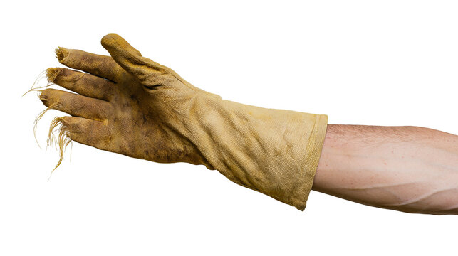 Isolated person's arm wearing a worn-out, dirty, and frayed fabric work glove for labor