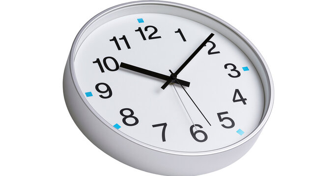 Isolated modern round wall clock with silver frame showing ten minutes past ten o'clock