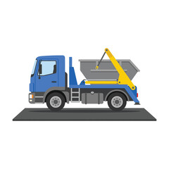 Naklejka premium Flat vector illustration of a blue skip loader truck for waste management and construction debris removal