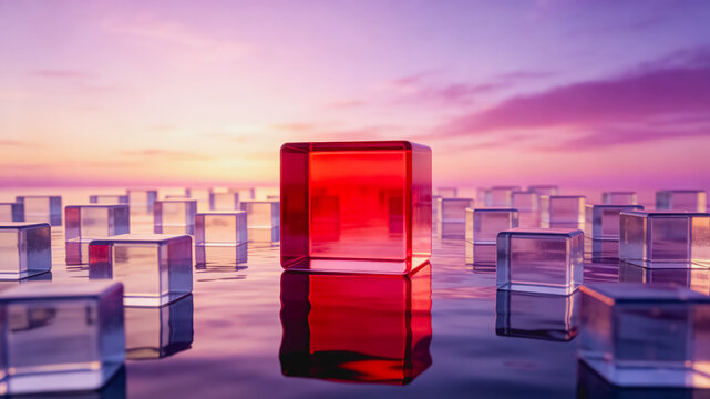 A single red glass cube stands out among transparent cubes on a reflective water surface under a pink-purple sunset sky, creating a surreal visual contrast.