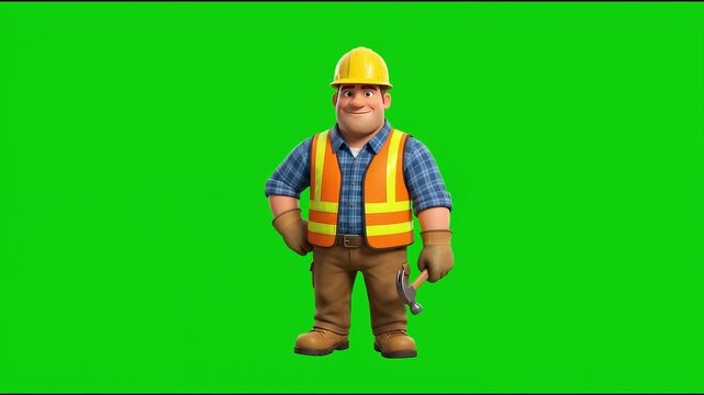 3D Cartoon Construction Worker Giving Thumbs Up on Green Screen Background.