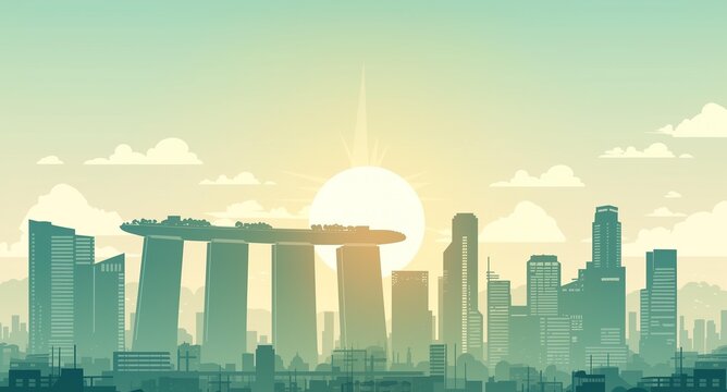 Sage and cream city skyline silhouette with three tower rooftop complex and warm rising sun, flat vector design for travel brochures and lifestyle covers