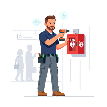 Technician installing AED device on wall, healthcare concept, public safety, first aid equipment