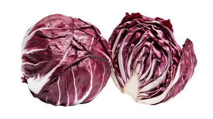 Fototapeta premium Isolated two fresh red radicchio heads, one whole and one halved, healthy vegetable