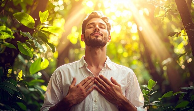 A peaceful man breathing in nature