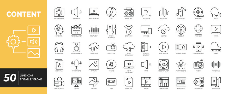 Content icon set editable stroke