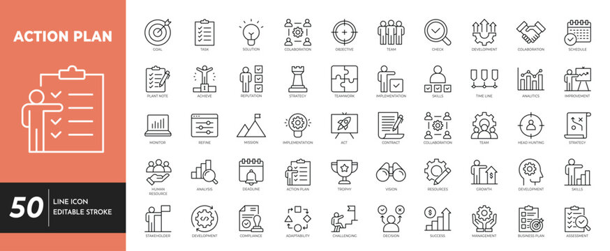Action plan icon set. Editable stroke