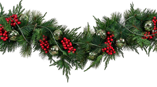 Isolated Christmas garland with vibrant red berries and festive golden green ornaments