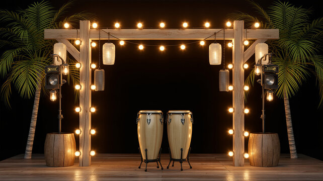 Tropical beach stage with wooden arch and conga drums. Outdoor event venue with string lights and palm trees. Summer music festival setup.
