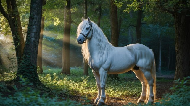 Majestic white horse in sunlit forest, ethereal stallion standing in misty woodland, magical equine portrait with morning light rays