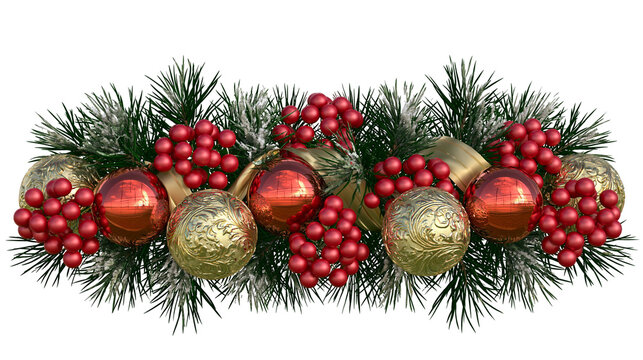 Isolated festive Christmas garland with red berries, shiny gold and red ornaments, frosted pine needles