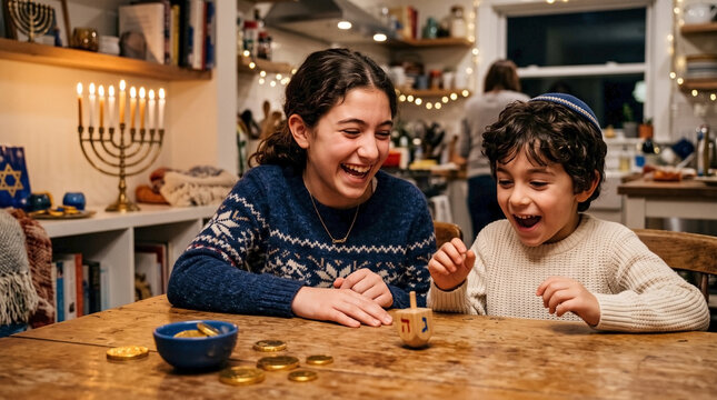 Happy Jewish children playing dreidel game with Hanukkah gelt at wooden table in a warm kitchen for Hanukkah family traditions, Jewish holiday celebration, and cultural education websites.