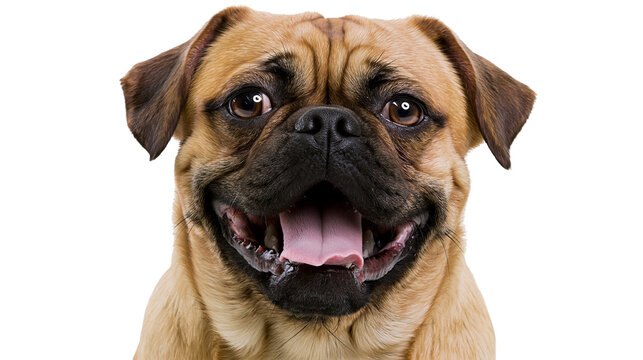 Isolated adorable happy tan puggle dog looking at camera with open mouth, expressive portrait
